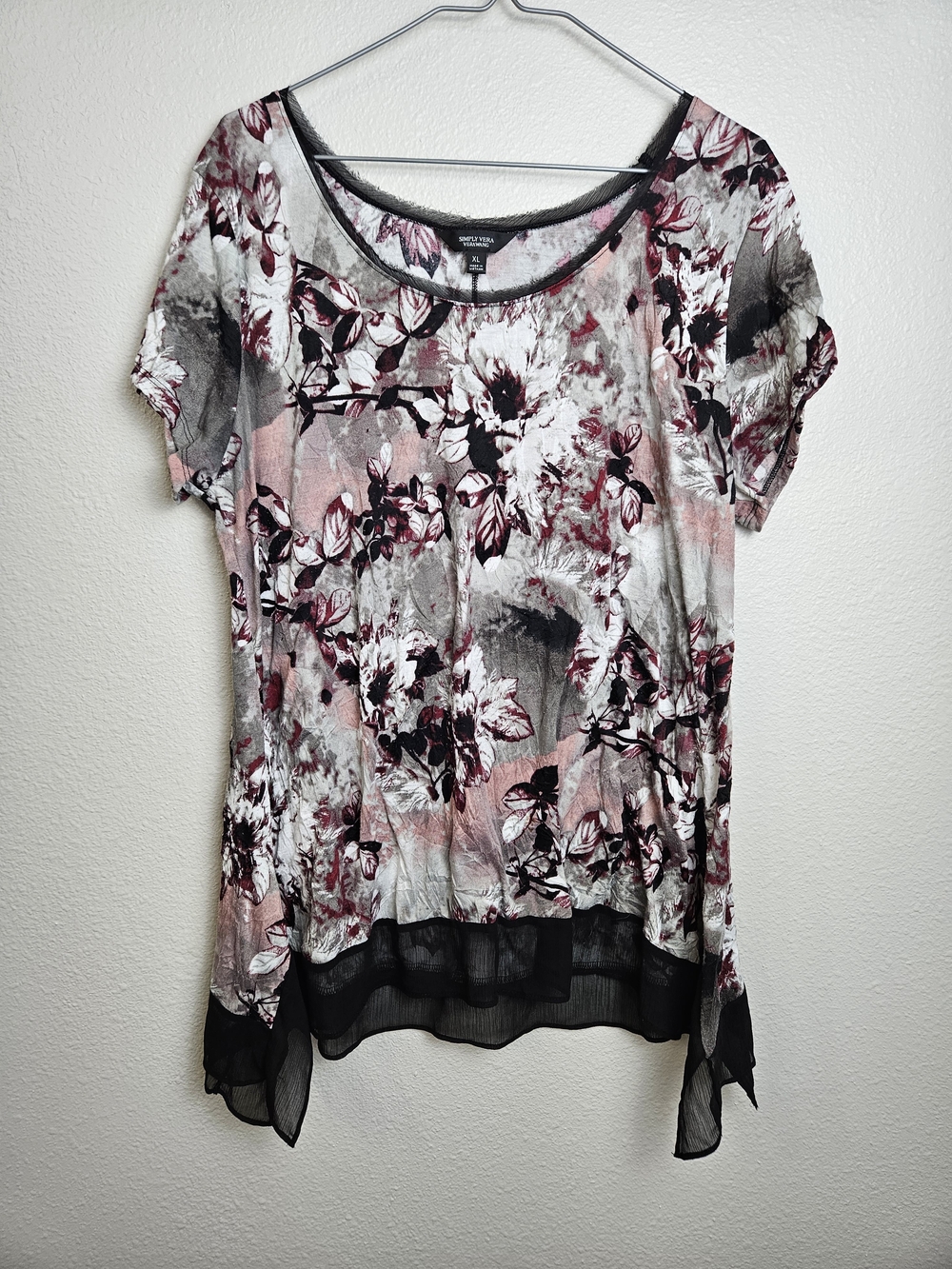 Simply Vera Vera Wang Pink, Black & White Floral Short Sleeve Tunic XL